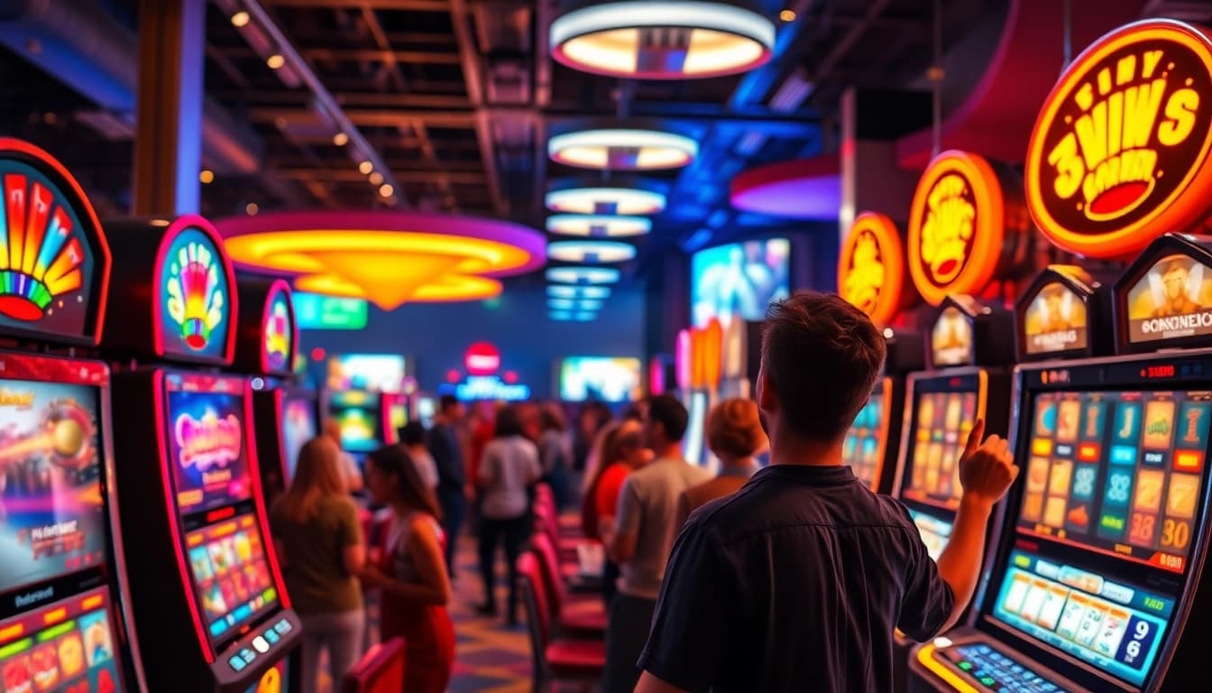 Menang besar di kasino tunai138 saat bermain mesin slot dengan lampu neon yang cerah.