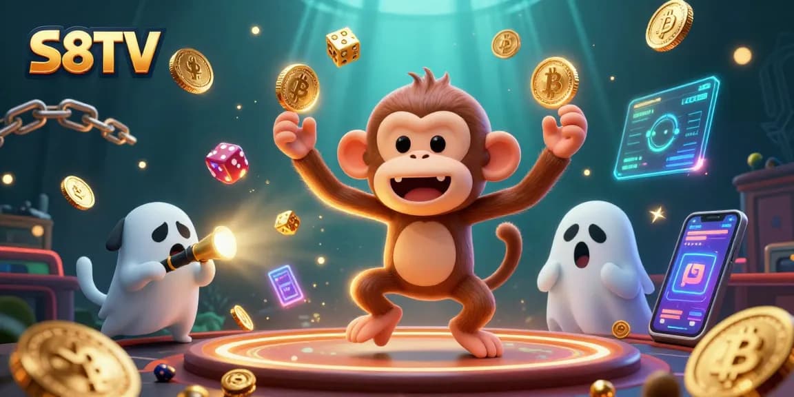 S8TV brings thrilling gaming excitement with a ghostly monkey juggling golden casino chips in this vibrant scene.