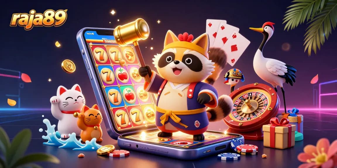 Engage with raja89 at this lush casino scene featuring lucky tanuki, vibrant slots, and gaming action.