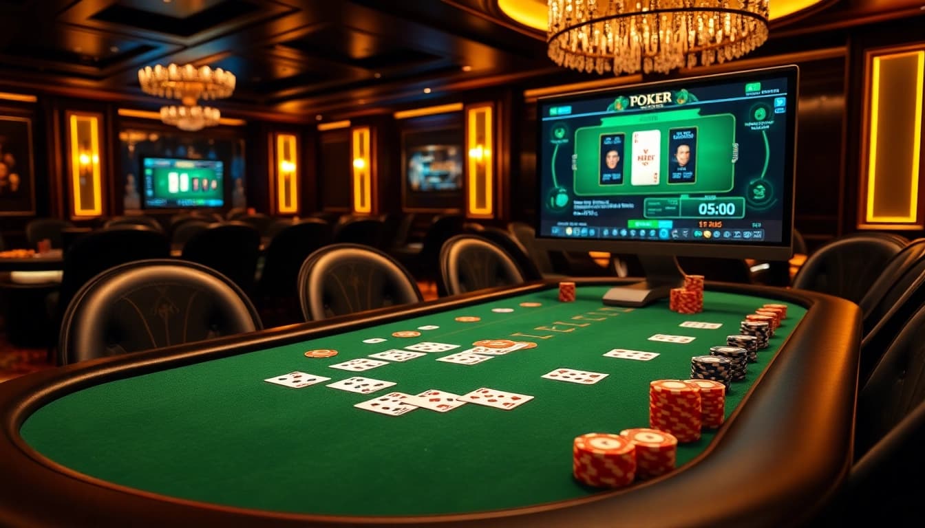 Poker online game table with vibrant chips and cards, creating a luxurious gambling atmosphere.