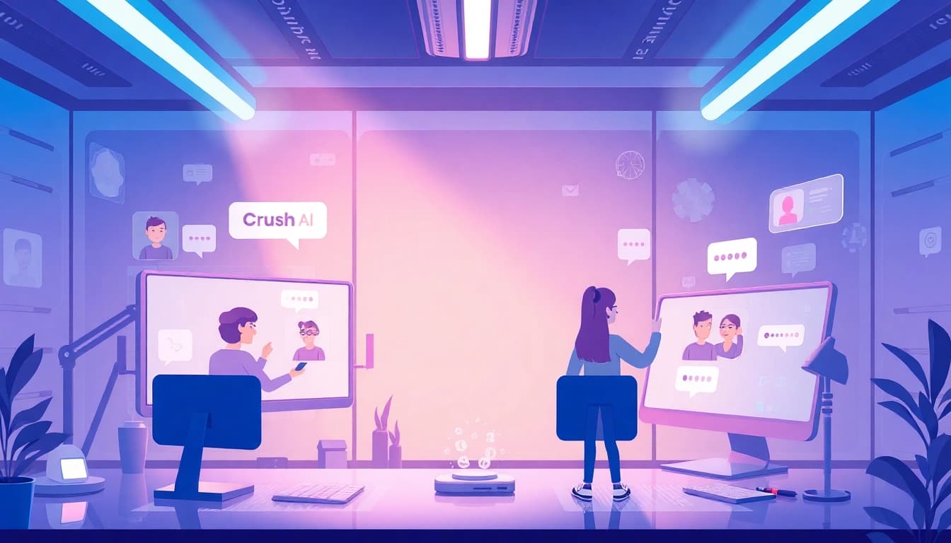 Engaging Crush AI interface with friendly virtual companions in futuristic workspace.