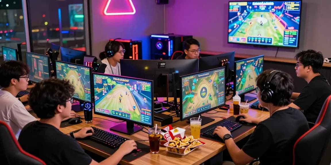 Penggemar Toto Slot Gacor bermain di lounge gaming yang hidup dengan cahaya neon yang cerah.
