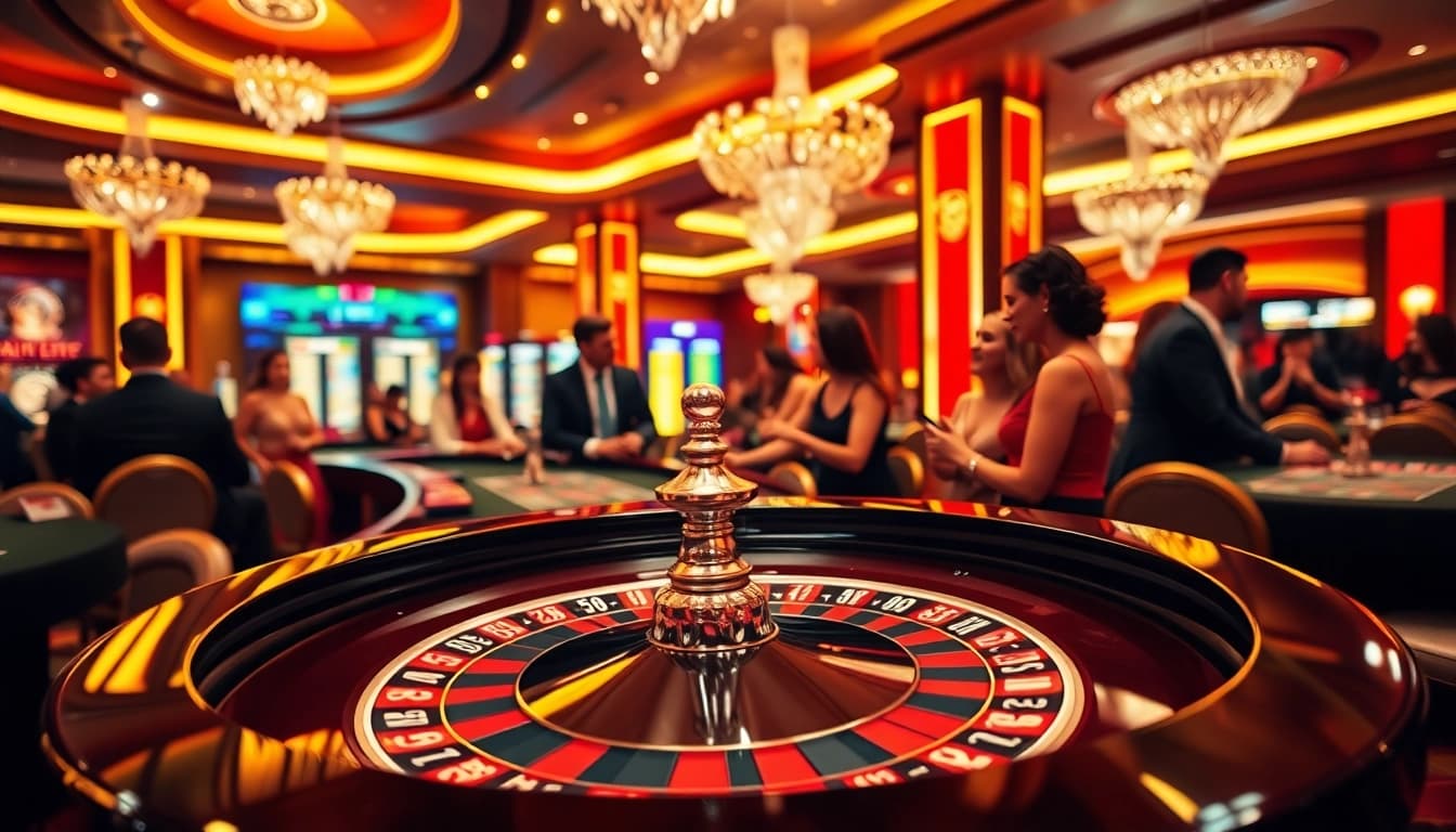 tkp188 menampilkan pemain asyik bermain roulette di kasino mewah.