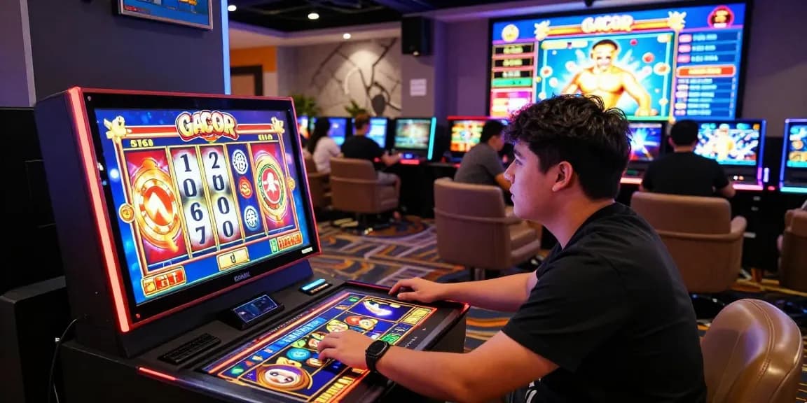 Player immersed in a slot gacor game in a vibrant online casino, showcasing excitement.