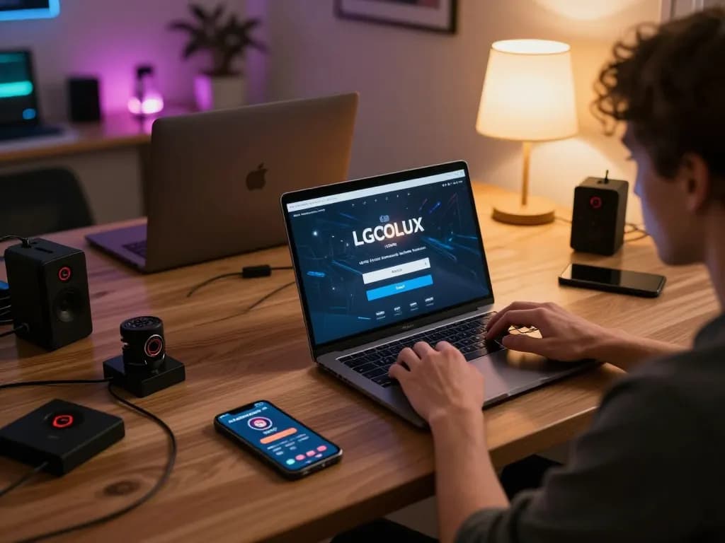 Engaging in LGOLUX LOGIN with a laptop in a cozy home gaming setup.