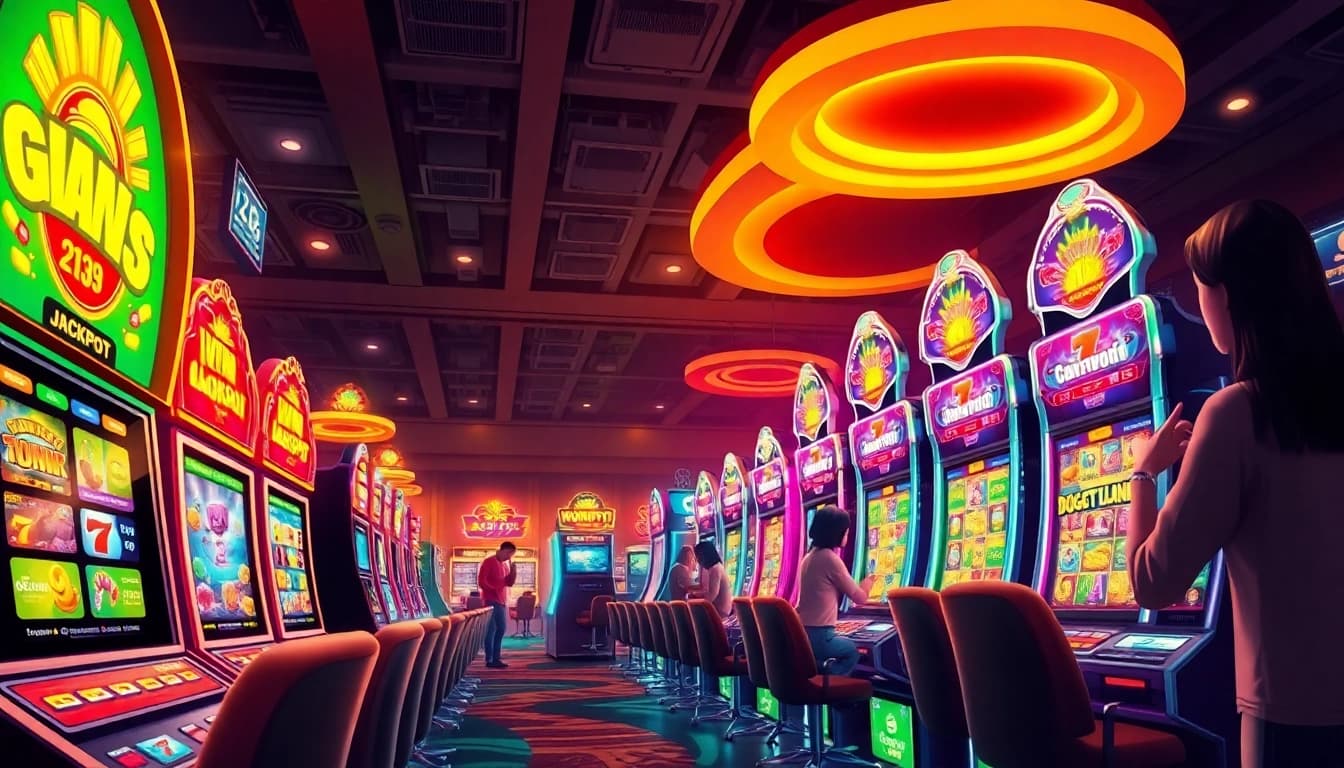 Engaging online casino scene featuring WONPLAY897 with vibrant slot machines and celebrating players.