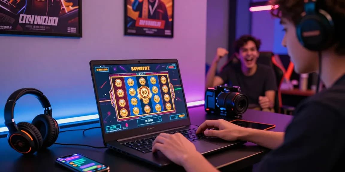 Exciting toto slot gaming session featuring vibrant online graphics, gaming gear and friends.