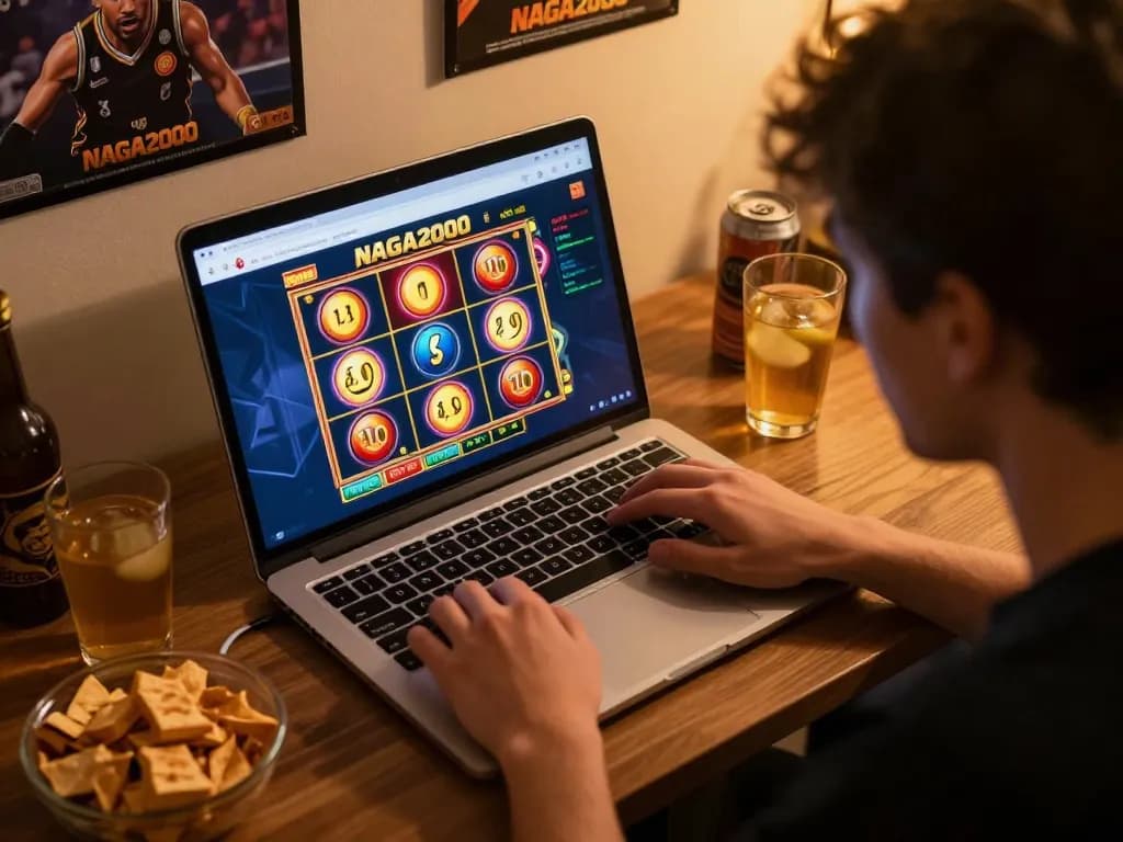 NAGA2000 player dramatically spinning slot reels on a laptop in a cozy living room.