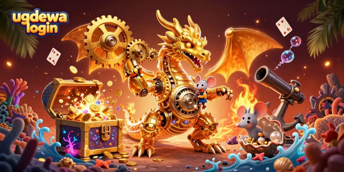 Engage with ugdewa login for thrilling gaming experiences featuring a golden dragon and treasure chests.