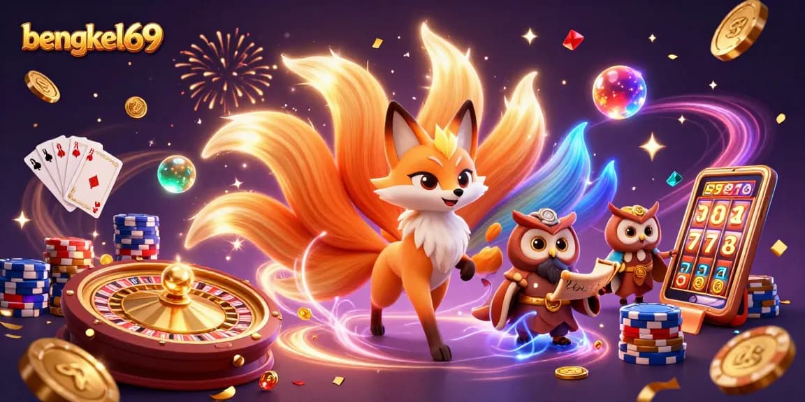 Bengkel69 features a vibrant gaming scene with a nine-tailed fox, owl sage, rich casino elements, and dynamic energy.