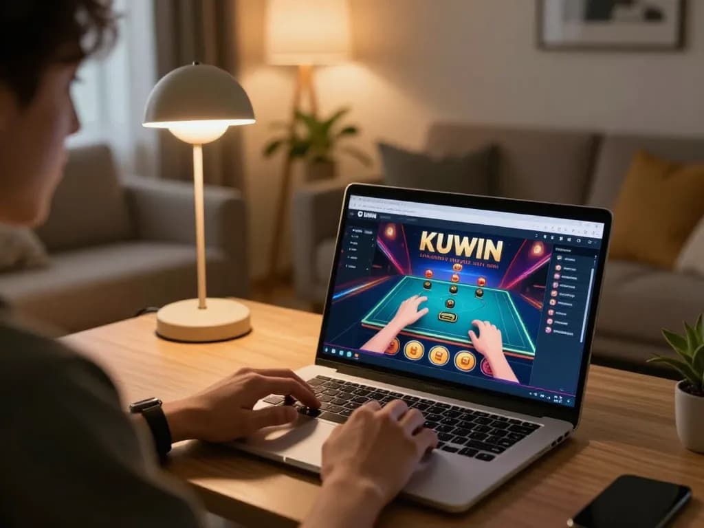 Engaging with the KUWIN online casino on a laptop at home, creating a comfortable gambling environment.