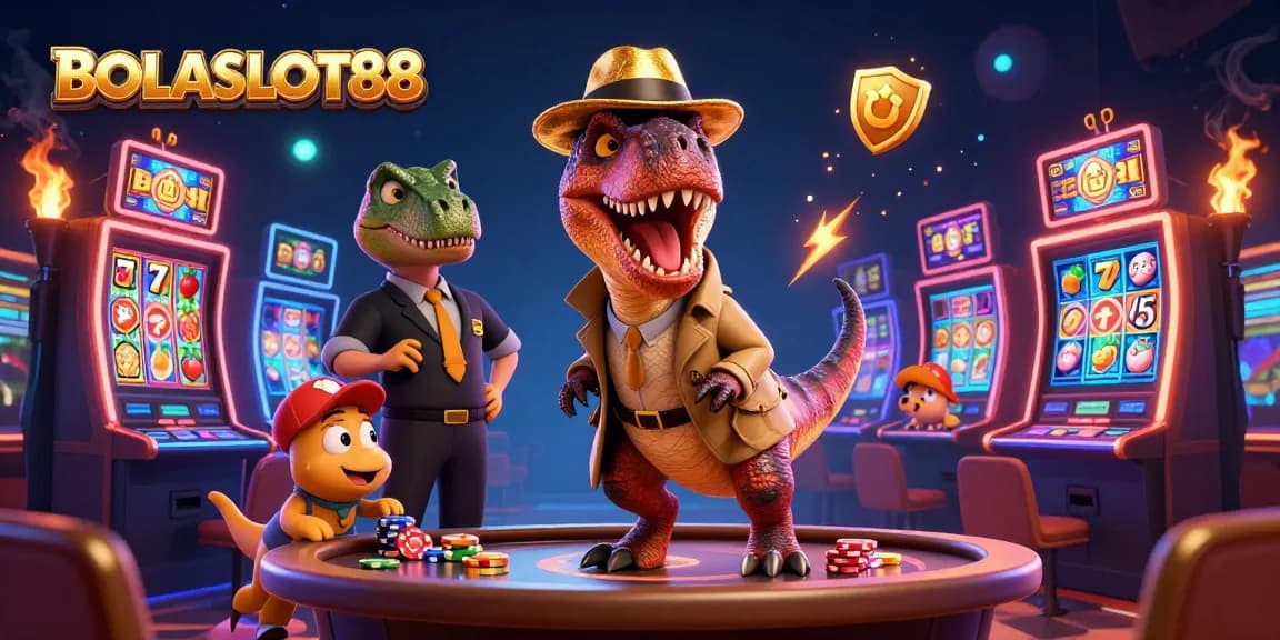 BOLASLOT88 menonton velociraptor dan kompi mencuri chip di mesin slot dengan estetika kasino.
