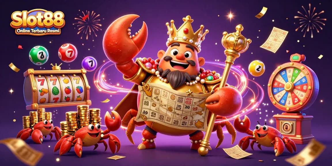 Slot88 Online Terbaru Resmi menghadirkan ilustrasi kasino megah dengan kepiting emas dan elemen permainan yang menarik.