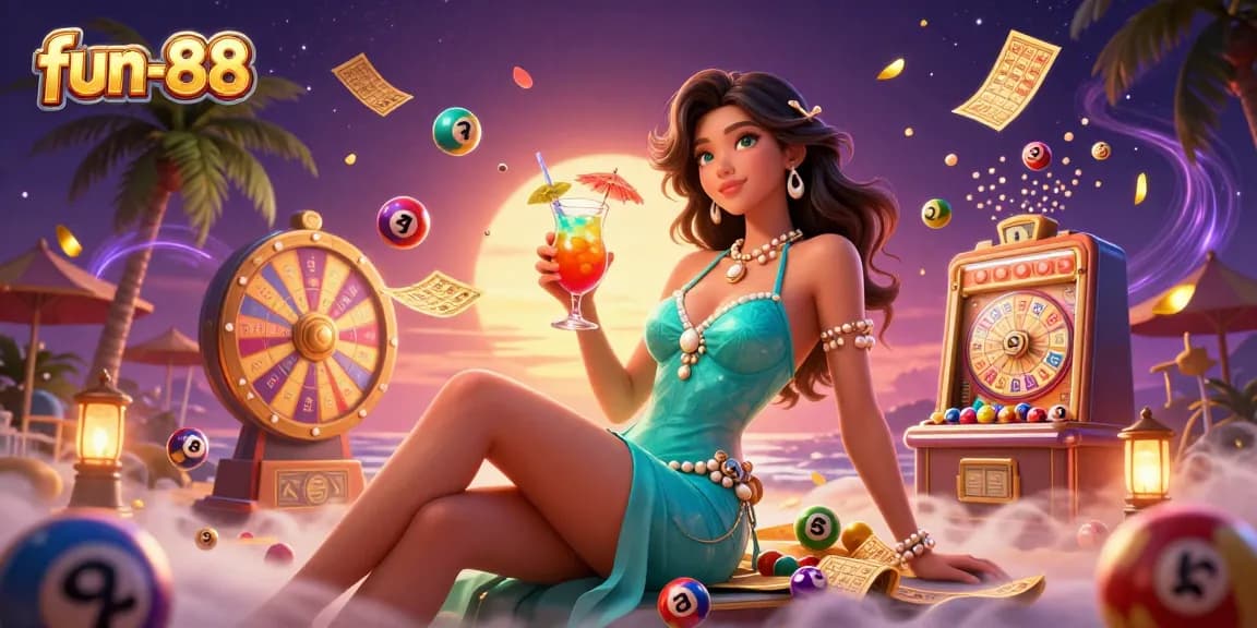 Experience exciting gaming at fun-88 with a glamorous tropical casino scene filled with luck and vibrant energy.