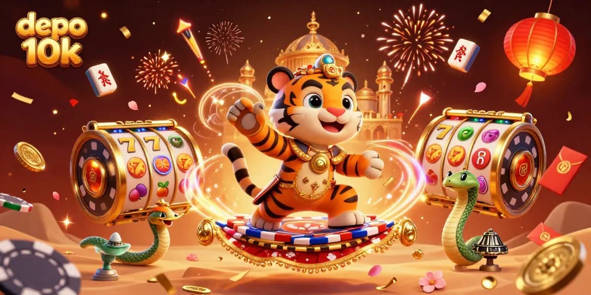 Experience the thrill of depo 10k slots with a vibrant Arabian Nights illustration featuring a sultan on a magic carpet.