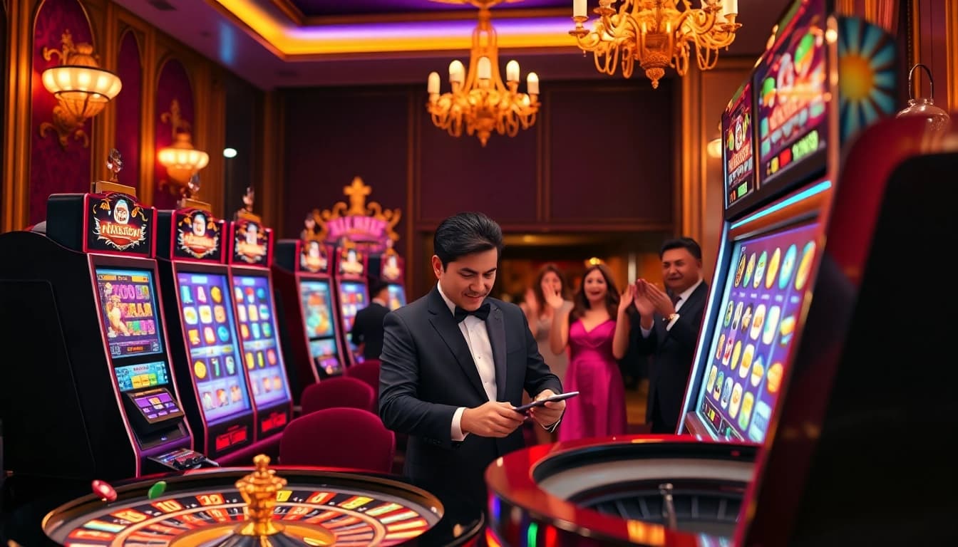 Kaisar888 slot machine in a luxurious casino setting, inviting players to experience thrilling gameplay.