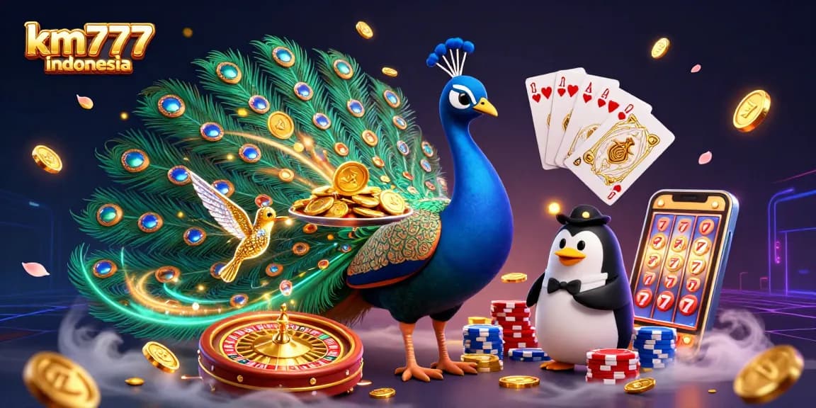 Experience thrilling games at km777 indonesia with vibrant 3D casino artwork featuring characters and game elements.