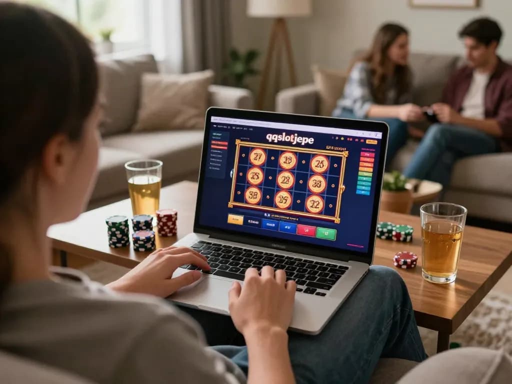 Engaging in the qqslotjepe slot game on a cozy home setup with friends, showcasing a vibrant online casino experience.