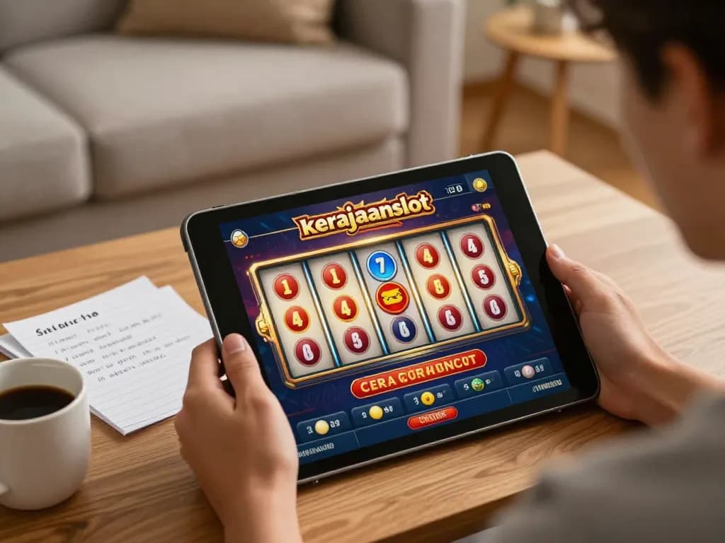 Engage with kerajaanslot gaming experience at home, showcasing online slots on a tablet.