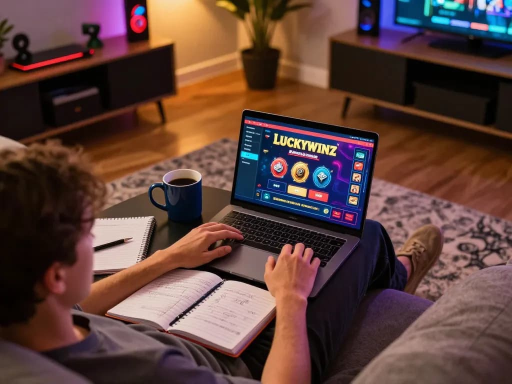Person playing Luckywinz casino games on a laptop in a cozy home environment