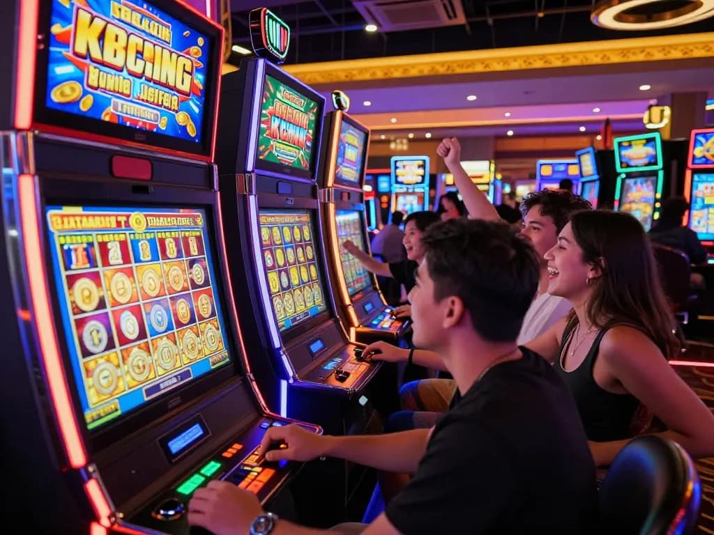 Players enjoying slot gacor machines celebrating wins in a vibrant casino setting.