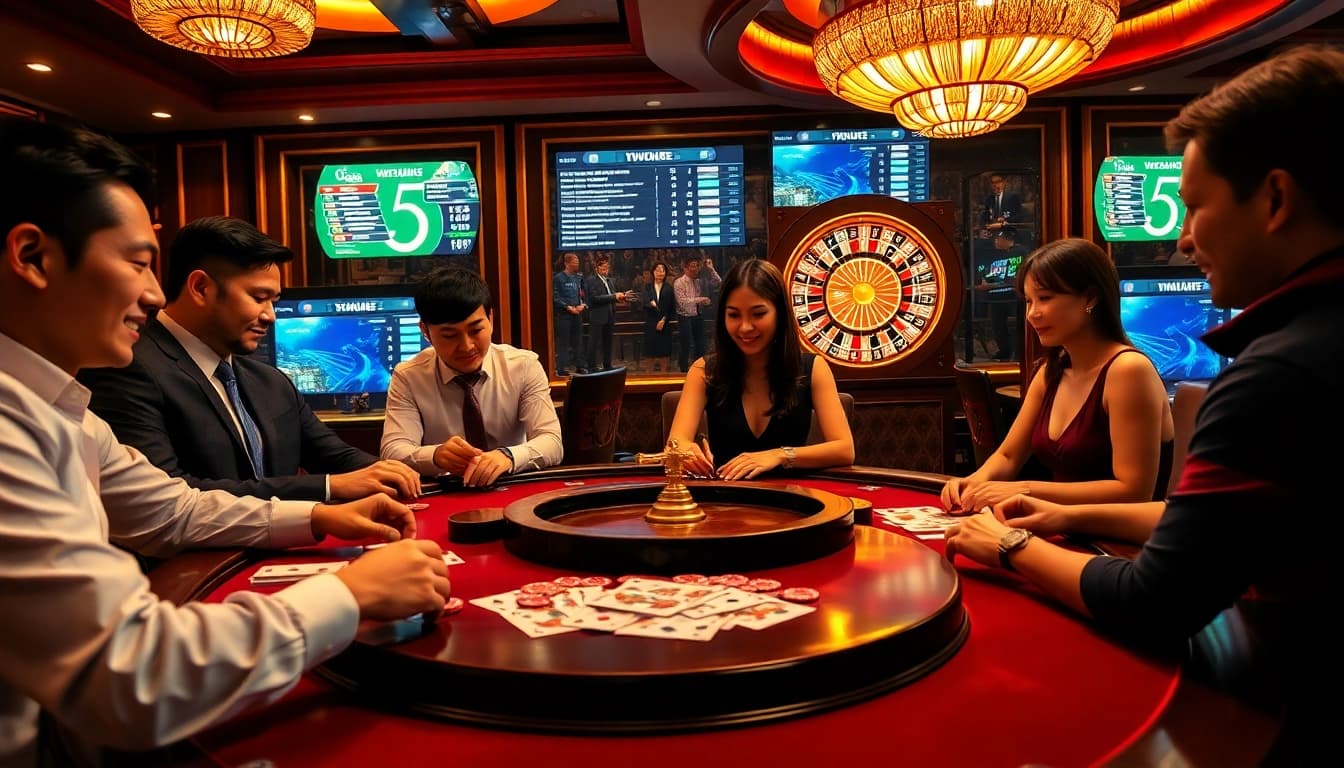 Exciting action from đá gà trực tiếp gavb79 in a vibrant casino atmosphere with live betting.