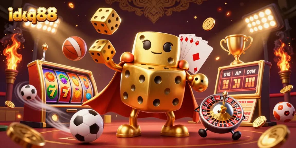 Experience idqq88's exciting gaming atmosphere with golden dice, vibrant sports, and rich colors.