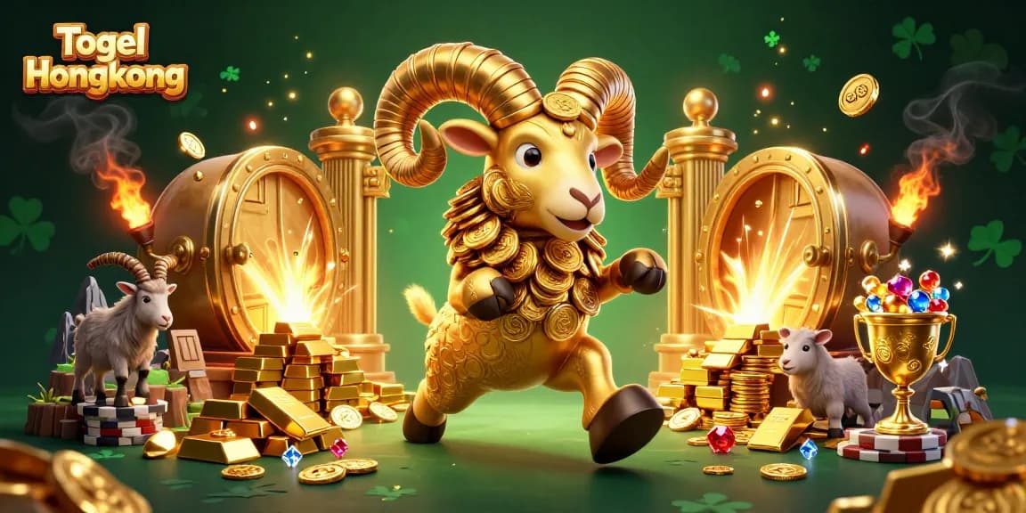 Togel Hongkong lottery ram charging through golden gates, surrounded by cash and treasures