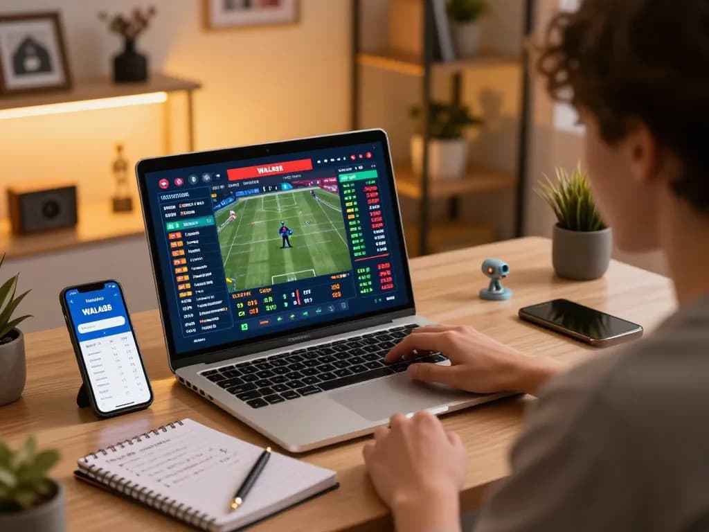 WALA88 user analyzing live betting odds on laptop in a cozy home office.