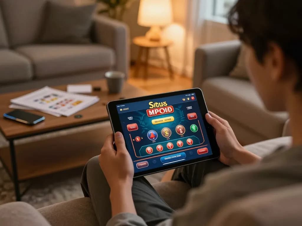 Situs MPOID displayed on tablet during an engaging online gaming session at home, showcasing a strategic approach.