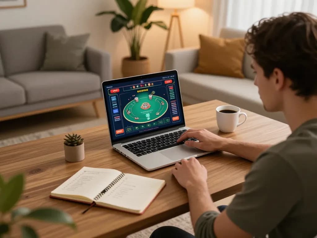 SC88 user engaging with online poker game interface on cozy home setup with strategic notes.