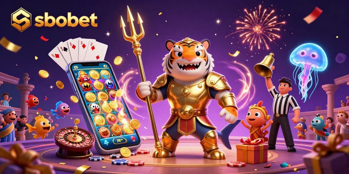 Experience sbobet interactive action with a shark gladiator in an underwater casino scene.