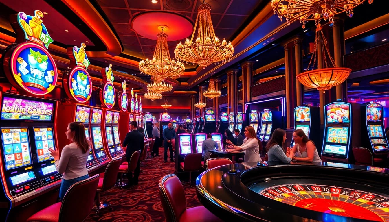 Engaging scene of players enjoying slot gacor machines in a luxurious casino atmosphere.