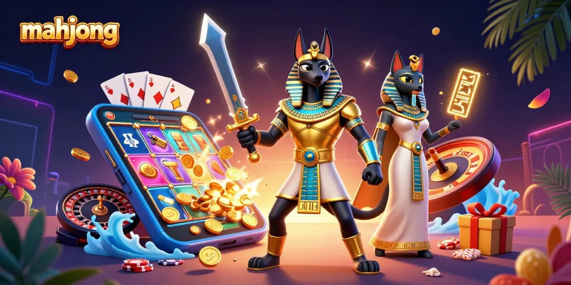 Play Mahjong with Anubis and Bastet in a vibrant, action-packed slot game scene.