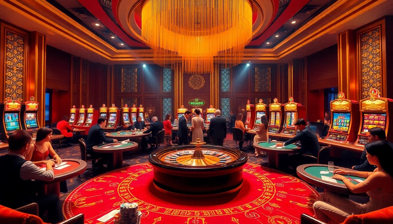 Experience the excitement of gambling at the trang chủ MMOO, featuring vibrant tables and luxurious decor.