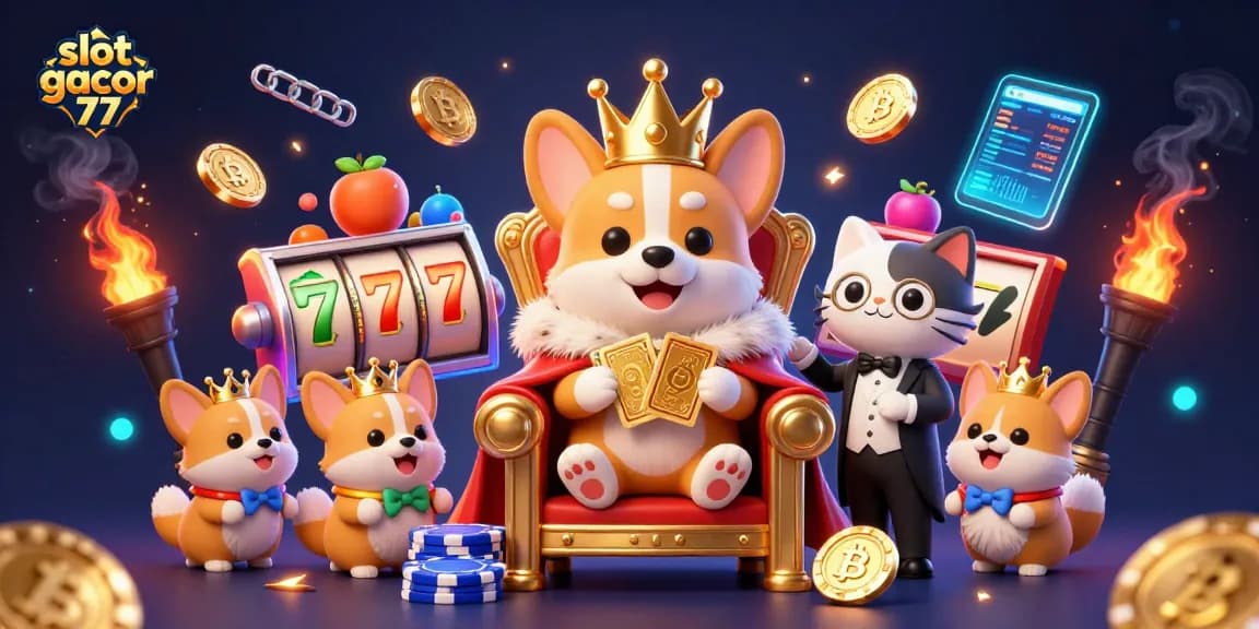 Engage with slot gacor 777 action featuring a royal corgi on a throne amid vibrant jackpots and crypto coins.
