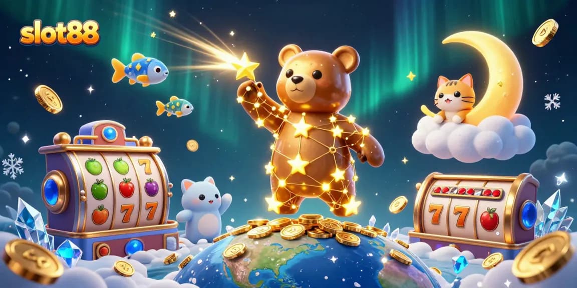 Experience slot88 magic with 3D slots, coins, and starry characters in vibrant casino illustration.