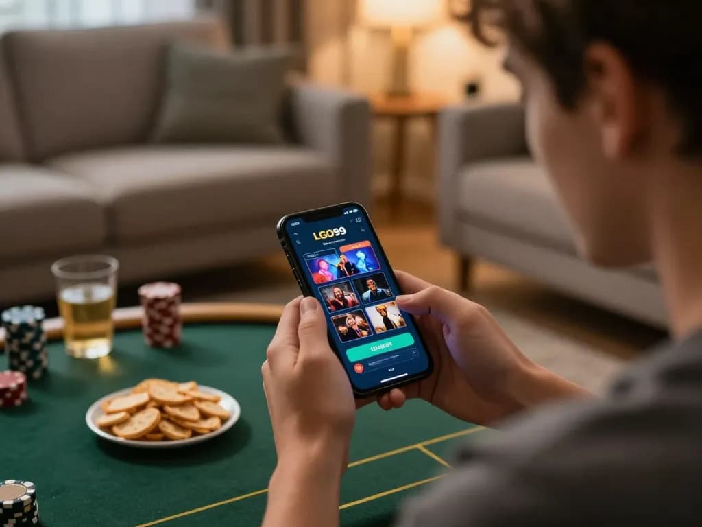LGO99 user engaging with casino app on smartphone in cozy home setting.