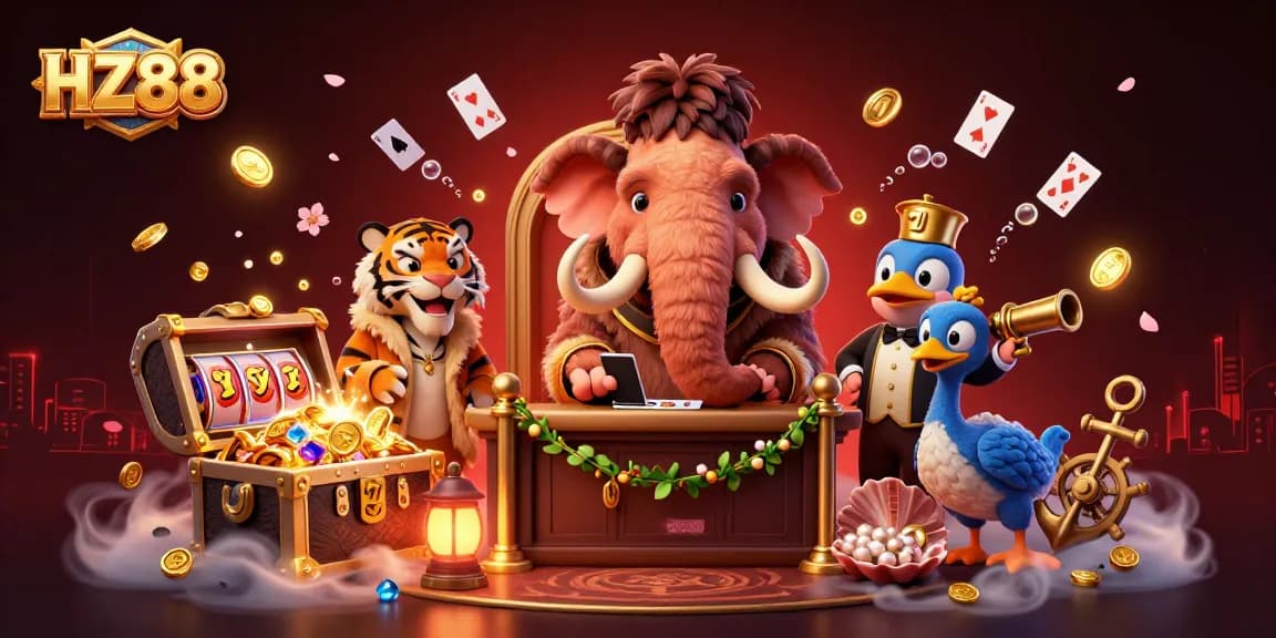 Experience the excitement at HZ88 with a vibrant 3D casino illustration featuring unique characters and gaming elements.
