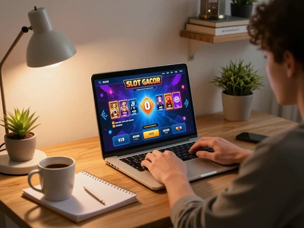 SLOT GACOR gameplay on a laptop with player analyzing and strategizing in a cozy home environment.