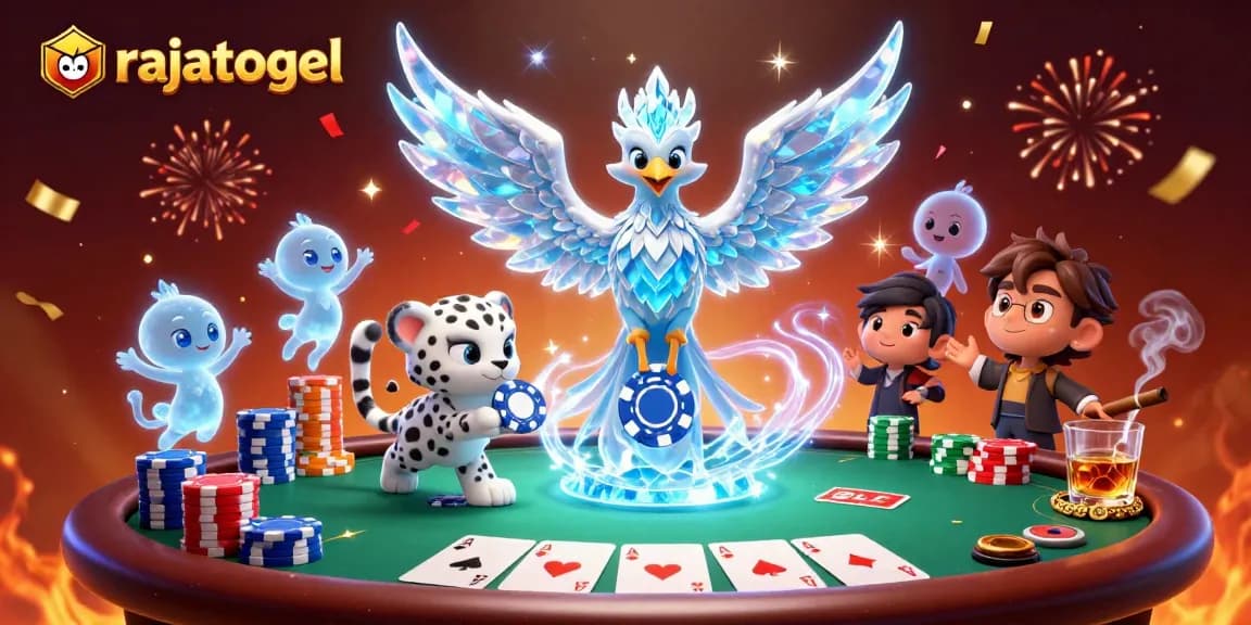 Gambarlah rajatogel saat bermain poker dengan karakter kartun yang ceria, dikelilingi piala dan chip.