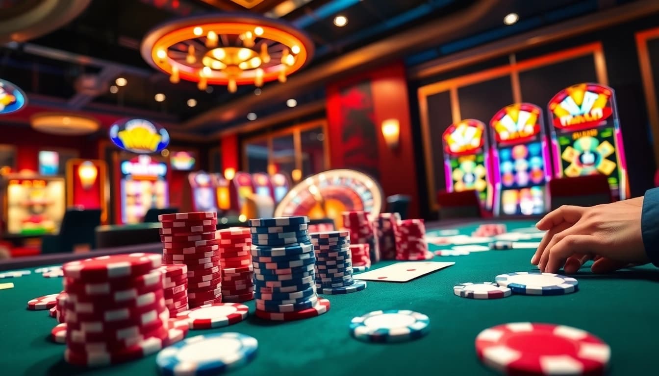 Exciting gambling scene at Nohu featuring poker chips, cards, and vibrant slot machines.