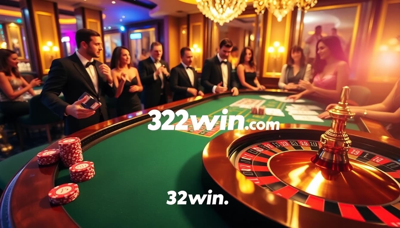 Players enjoy the thrill of roulette at a luxurious casino inspired by 32win.com, capturing the excitement and strategy.