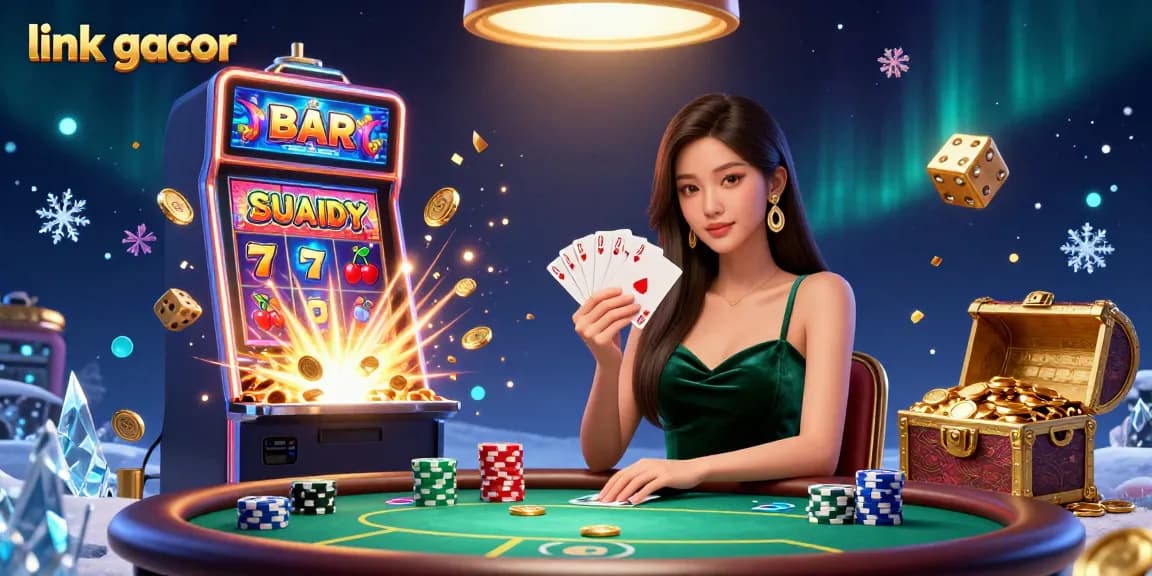 Play exciting slots and poker, featuring a beautiful Asian actress and link gacor elements in vibrant graphics.
