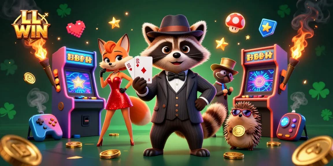 Experience LL WIN at a vibrant 3D gaming scene with a suave raccoon, charming fox, and hedgehog bouncer.