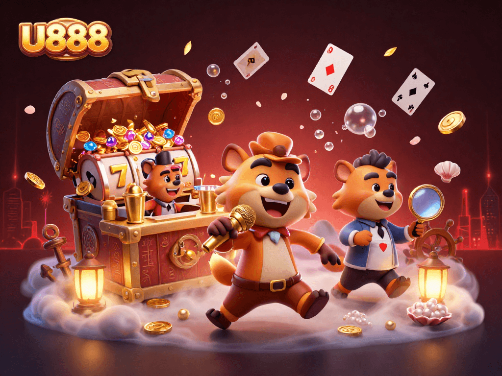 Engage in thrilling slots and casino fun at U888 with vibrant hyenas in a lively scene.