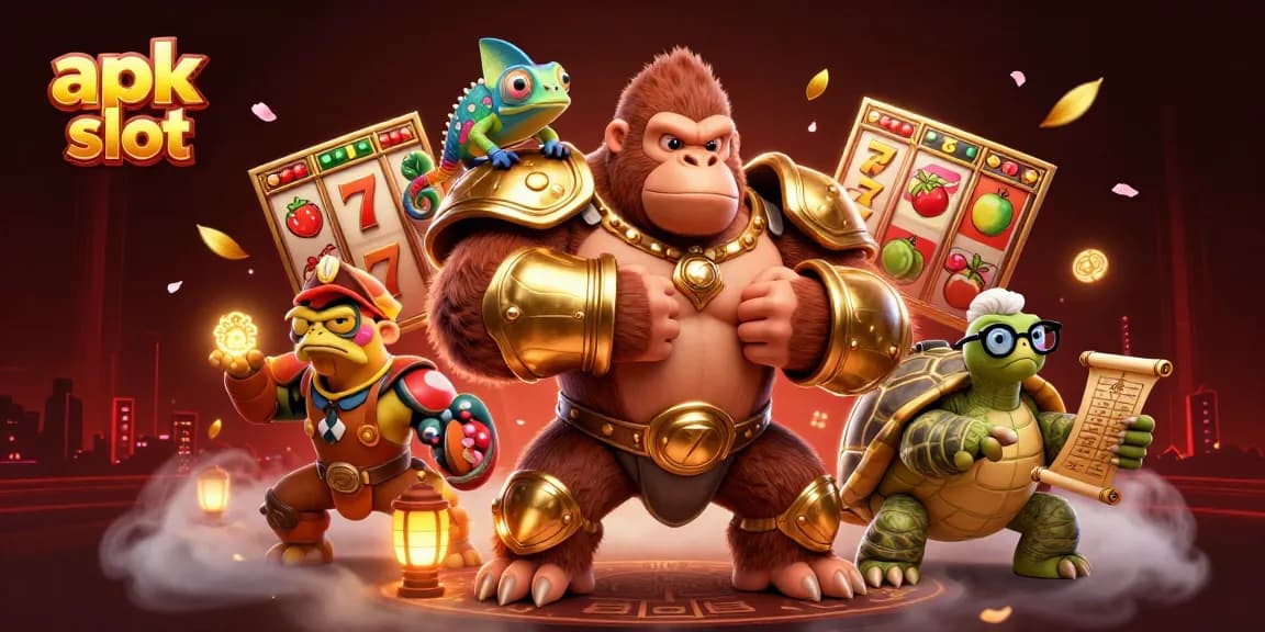 Gorila raja kuat dengan armor emas dan teman chameleon bersiap untuk bermain apk slot secara mendebarkan.