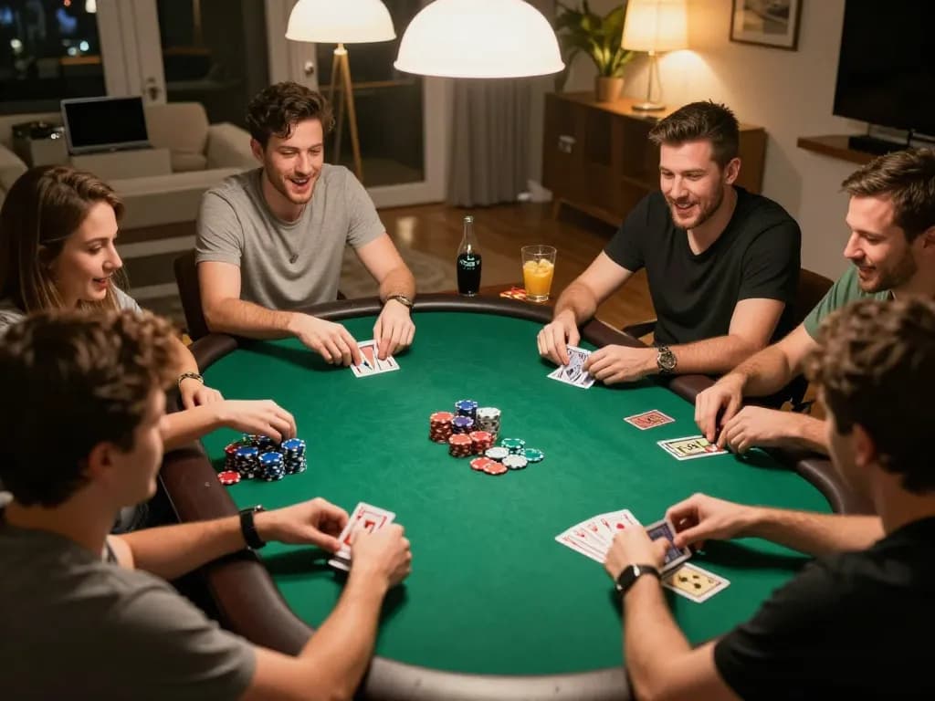 Engaged friends playing poker at home, illustrating the social aspect of GAME ONLINE gambling.