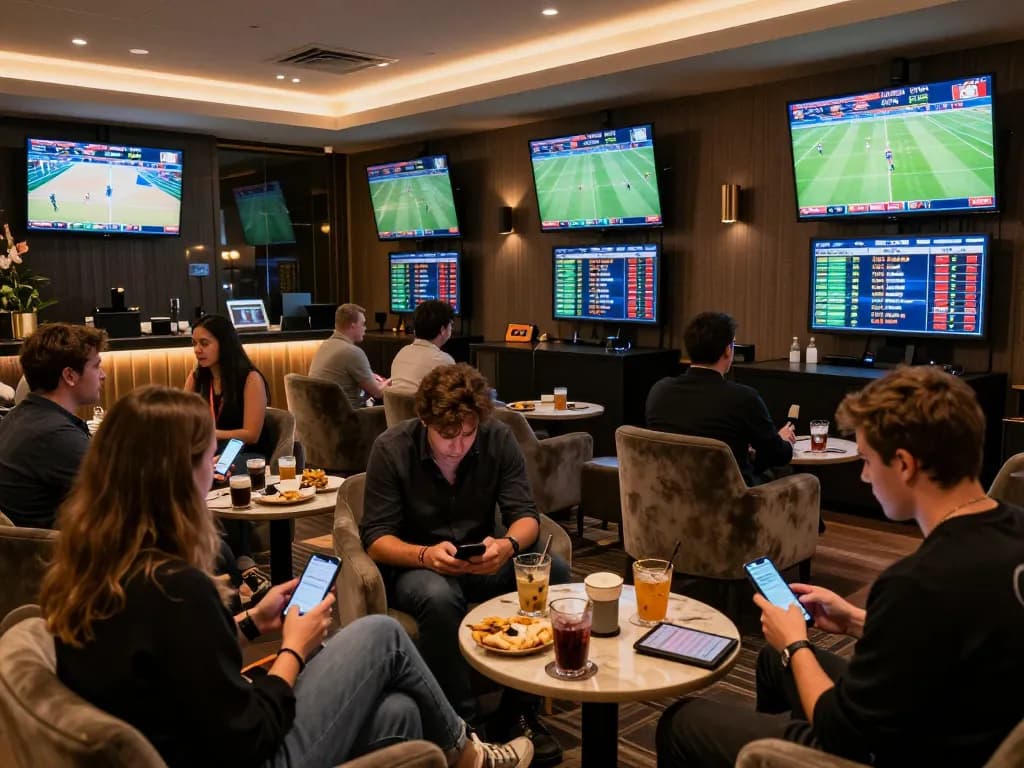 Betting on live sports at 33 win event in an upscale lounge surrounded by excitement.