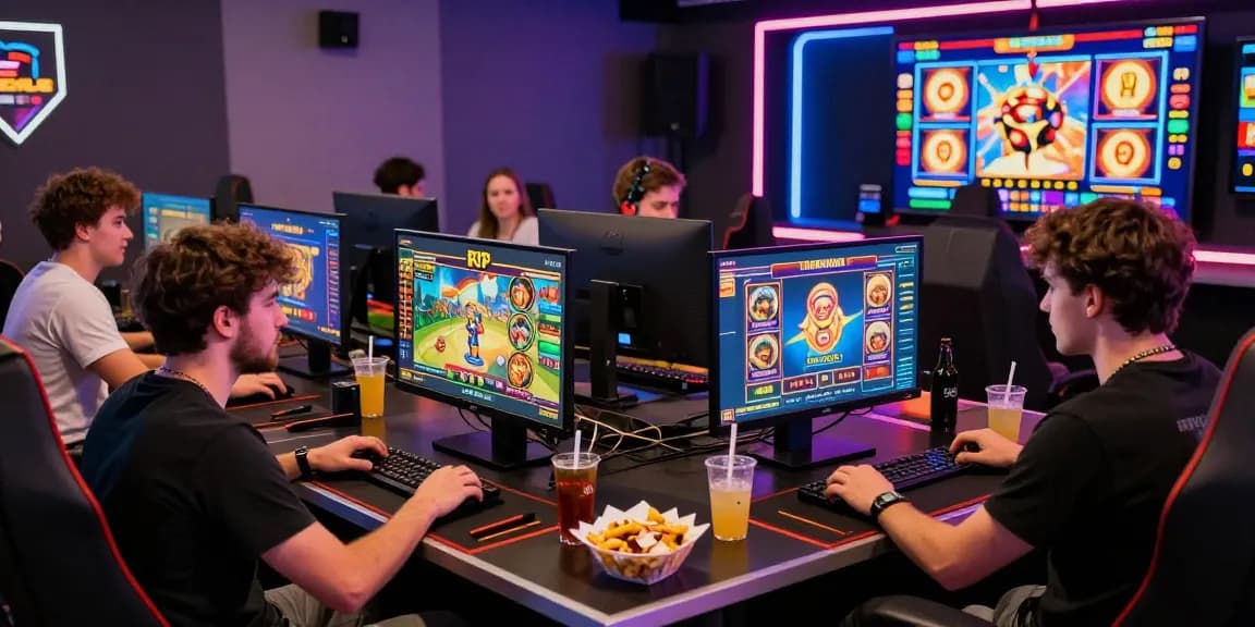 Pengalaman bermain slot online nagahitam303 dengan pemain fokus pada permainan, grafik warna-warni, dan suasana studio permainan yang modern.